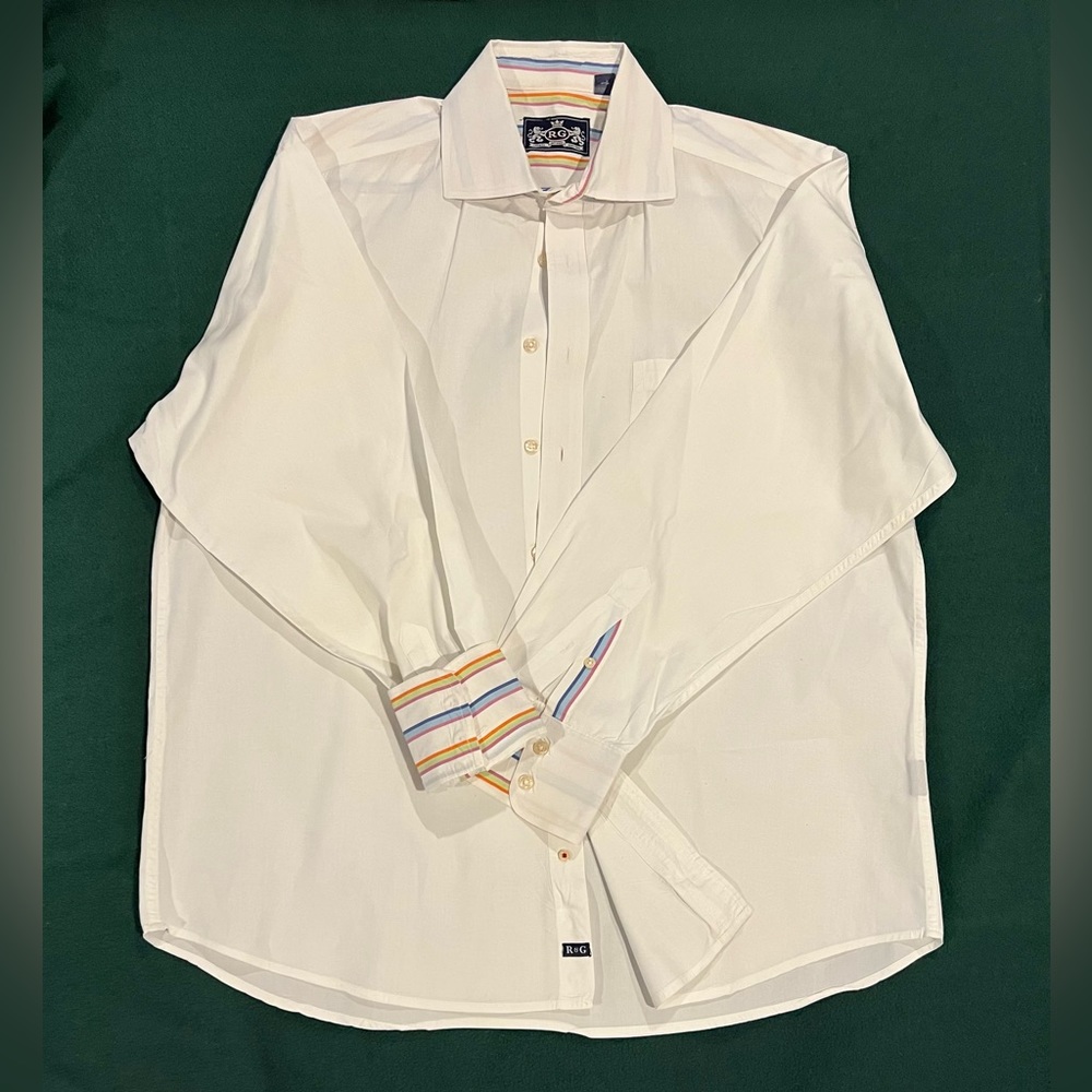 𝅺R&G Robert Graham Flip Cuff Shirt Stark White Striped Accent Size XL